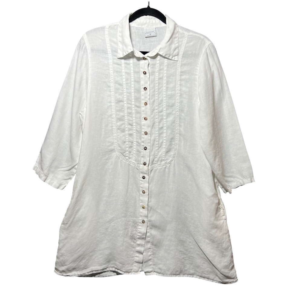 Click by Color Me Cotton Linen Tunic Top Pintuck Button Front Pockets USA L